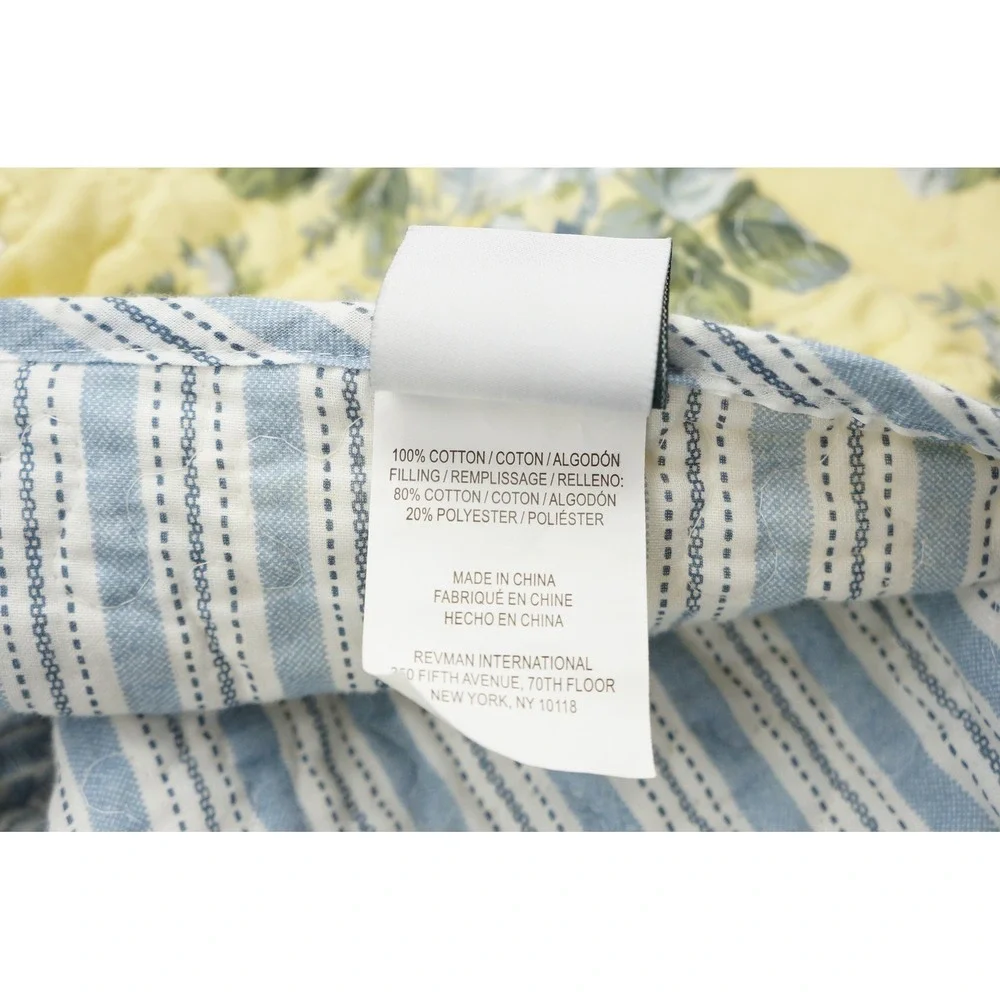 Laura Ashley Linley Quilt Set Standard Yellow Blue Floral Striped Reversible EUC